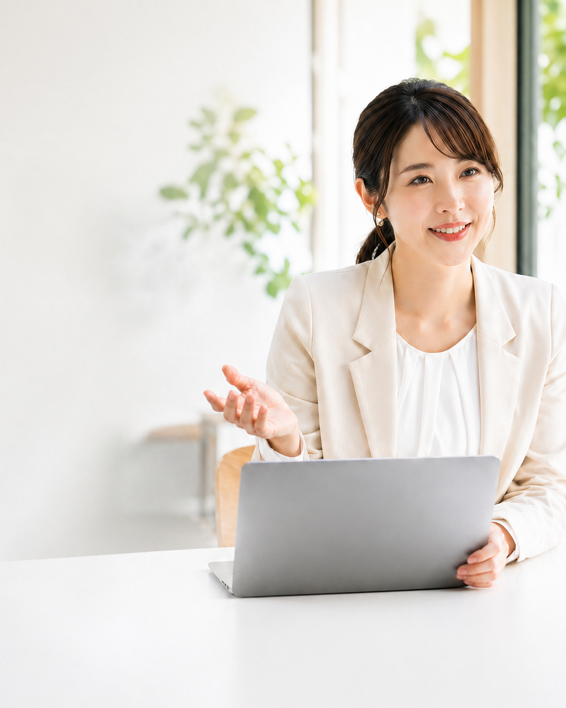 明るいオフィスで相談に対応する女性コンサルタント